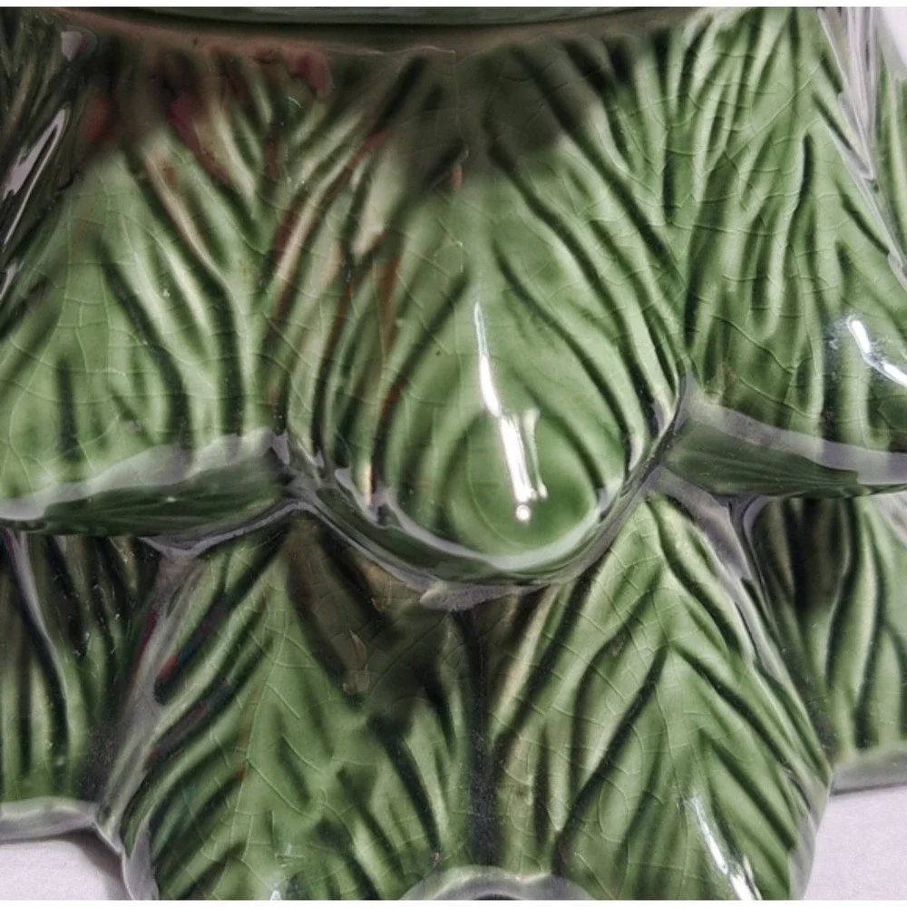Vintage Ceramic Christmas Tree 4pc Set Green Leaf Pattern Napkin Holder Salt